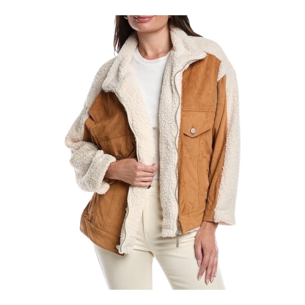 BLANKNYC Faux Suede Sherpa Jacket Womens Large Brown Cream‎ Mixed Media Zip NWT - Picture 13 of 16